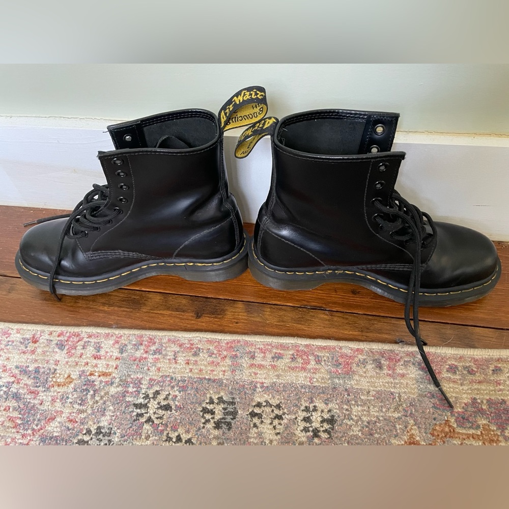 Dr. Martens Black Leather Combat Boots with Yellow Stitching - Picture 13 of 15